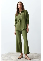  Collection Khaki Buttoned Woven Blouse and Trousers Set - Twoss24Au00108