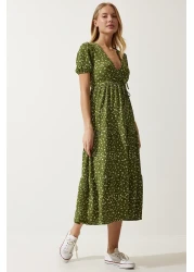 Happiness İstanbul فستان نسائي صيفي محبوك بياقة ملفوفة باللون الكاكي UB00267