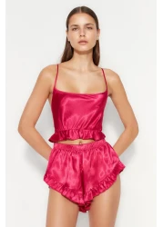  Collection Fuchsia Ruffled and Back Rope Strap Satin Woven Pajamas Set Thmss23Pt00048
