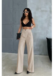 Ortaya Çık Beige Pleated Fabric Palazzo Trousers