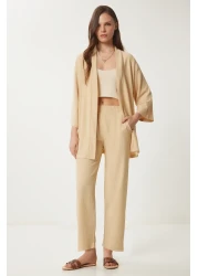 Happiness İstanbul طقم بنطلون كيمونو كريمي نسائي محبوك BY00050