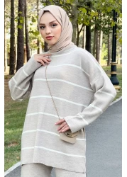 Tesettür Dünyası Beige Striped Knitwear Set - Tsd220905