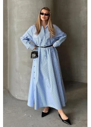 Olcay فستان بوبلين فضفاض بتفاصيل أزرار على الجانب أزرق-أبيض 9316-E