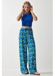 Happiness İstanbul Women's Blue Green Patterned Flowing Viscose Palazzo Trousers EN00606