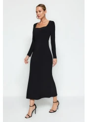  Collection Black Flounced Square Neck Fitted Maxi Stretchy Knitted Dress TWOAW24EL00613