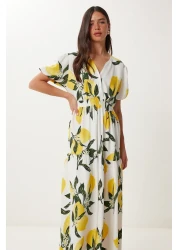 Happiness İstanbul Women's Ecru Yellow Lemon Patterned Flounced Summer Viscose Dress Fn03467