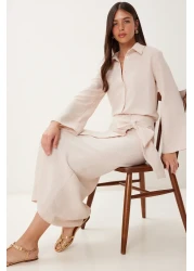 Happiness İstanbul طقم تنورة قميص كتان كريمي نسائي FN03475