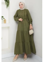 HARMAN BUTİK فستان نسائي من الكتان الكاكي بأزرار مكشكشة