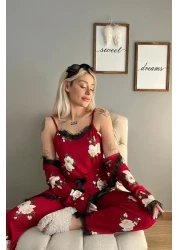Pijamaevi Burgundy Floral Patterned Pegasus Pajama Set with Dressing Gown