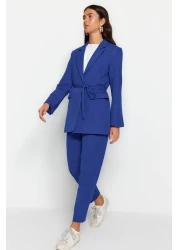  Modest Blue Lacing Detailed Lined Crepe Jacket-Pants Woven Bottom-Top Suit TCTSS23US00044