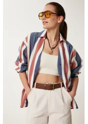 Happiness İstanbul قميص مجعد مخطط باللون الأزرق الداكن للنساء DP00246