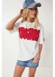 Happiness İstanbul تي شيرت نسائي من القطن مطرز بشعار إكرو CR00463