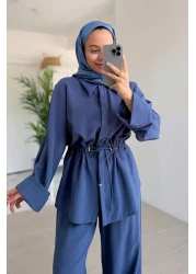 Ka Hijab Relaxed Cut Gather Detailed Suit - Indigo