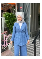 VOLT CLOTHİNG طقم بنطلون وسترة كتان برباط على الخصر للنساء