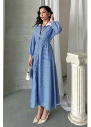 MD trend Women's Striped Buttoned Collar Garnished Waist Elastic Long Dress