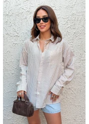 King Brothers Women Shirt Loose Fit Boyfriend Beige Thick Striped Shirt Single Pocket Long Sleeve