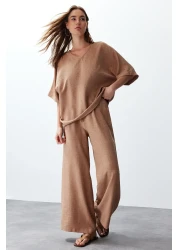  Collection Camel Color V-Neck Blouse and Trousers Set - Twoss24Au00096