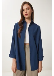 Happiness İstanbul قميص أساسي طويل كبير الحجم باللون الأزرق الداكن للنساء 3900 DD00842