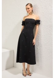  Collection Black Carmen Collar Stone Print Detail Woven Midi Stylish Evening Dress Night Mezuiyet Elbisesi Tprss25El00243