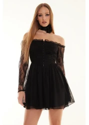  Collection فستان سهرة قصير منسوج من الشيفون مبطن على شكل حرف A باللون الأسود مناسب لحفلات التخرج TPRSS24EL00073