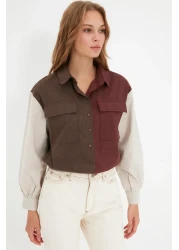  Collection Brown Color Blocked Buttoned Woven Shirt TWOAW22GO0492