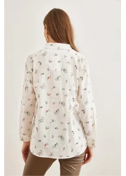 Olalook Tiny Floral Patterned Linen Women's Shirt - Coral Cuffed Gml- 19001248