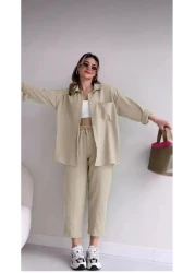 ZF BUTİK Women's Beige Double Linen Shirt, Top and Bottom Set with Trousers