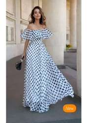 Butik Şenel Madonna Collar Polka Dot Pattern Long Dress