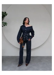 ESRAHELVACI Belted Asymmetrical Collar Denim Suit