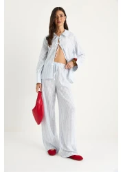 Bianco Lucci بدلة نسائية صيفية مخططة ذات أساور كبيرة ومفصلة من القطن 36471 60283357