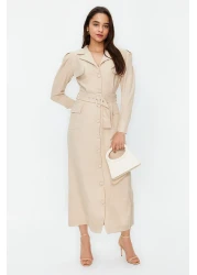  Modest Linen Look Button Woven Shirt Dress with Stone Belt Tctss24Eb00017