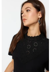  Collection Black Brodeled Stand Collar Basic Regular/Normal Fit Cotton Knitted Blouse Twoss23Bz00879