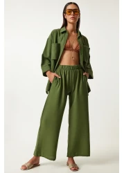 Happiness İstanbul طقم قميص وبنطلون كتان كاكي - جيب عريض FN03205