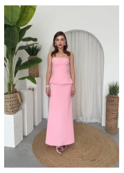 Julidress Pink Strapless Neckline Maxi Long Length Premium Bottom Top Set