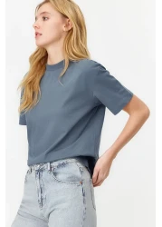  Collection Dark Gray 100% Cotton Basic Regular/Normal Fit Stand Collar Knitted T-Shirt Twoaw20Ts0096