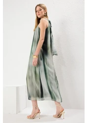  Collection Green Abstract Pattern Straight Cut Binding Detail Maxi Woven Dress Twoss25El00408