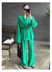 My Blog Green Shawl Collar Kimono Pants Set - 98655
