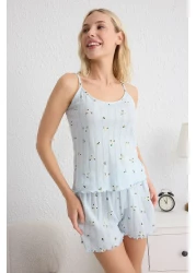  Collection Blue 100% Cotton Floral Pointel Openwork/Hollowed Out Shorts Knitted Pajamas Set Thmss25Pt00082