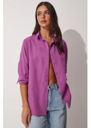 Happiness İstanbul قميص أساسي طويل كبير الحجم للنساء باللون الأرجواني المتوسط DD00842