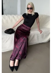 Madmext تنورة طويلة من الساتان المزخرف باللون العنابي للنساء Mg2333