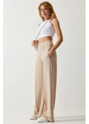 Happiness İstanbul بنطال رياضي نسائي كريمي قابل للتمدد BF00090
