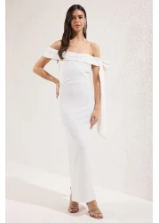  Collection White Body Fitted Shoulder Bow Detail Knitted Stylish Evening Dress Night Graduation Dress Tprss25El00293