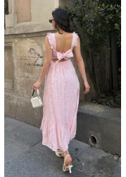 ASEDE تفاصيل أربطة الظهر، تصميم خاص، رقبة مربعة، مبطنة، حزام، 100% قطن، فستان مطرز