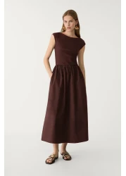 VODENS فستان متوسط ​​الطول بتفاصيل جيب متباينة باللون البني للنساء