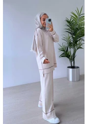 Ka Hijab Beige Hijab Set of 2 - Piping Detail, Mercerized