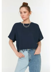  Collection تي شيرت محبوك بفتحة رقبة دائرية 100% قطن أزرق داكن مطبوع مريح/واسع TWOSS22TS0983