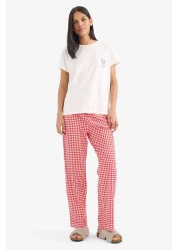 Defacto Pajama Sets Short Sleeve Top Stretchy Waisted Checked Long Bottom-Fall in Love E4822Ax25Sp