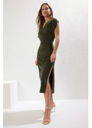  Collection Khaki Straight Drawstring /Drape Midi Drawstring Drape Detail Double Breasted Neckline Knitted Dress Twoss25El00098