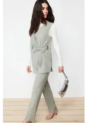  Modest Khaki Accessory Detailed Woven Fabric Vest Trousers Top and Bottom Set TCTSS24US00035