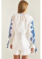 Bianco Lucci Women's Lapel Collared Embroidered Casual Shirt